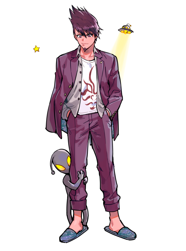 1boy, 1other, alien, bang, collarbone, collared_shirt, commentary_request, dangan_ronpa_(series)