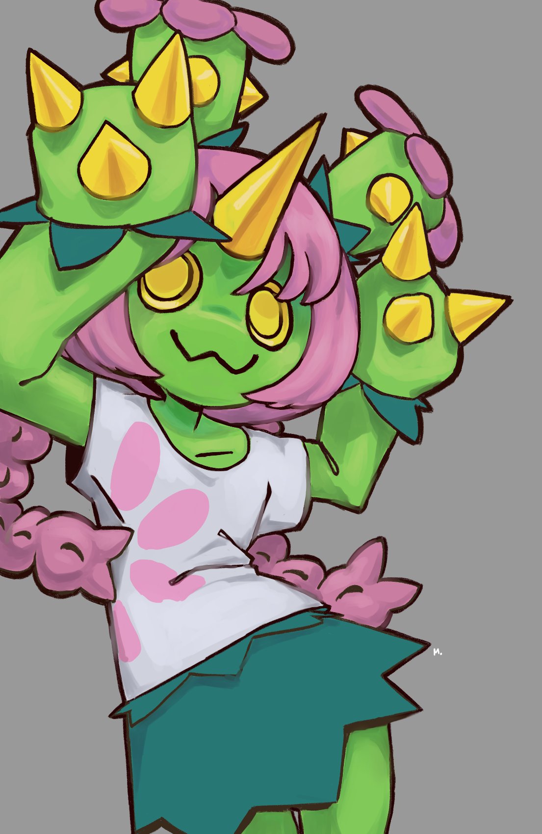 1girl, :3, braid, cactus_girl, caramelldansen, cowboy_shot, flat_chest, gen_5_pokemon, green_skirt, grey_background, highres, horns, long_hair, maractus, miniskirt, monster_girl, murninatair, pink_hair, plant_girl, pokemon, pokemon_(creature), shirt, simple_background, single_horn, skirt, smile, solo, t-shirt, thighs, twin_braids, white_shirt, yellow_eyes