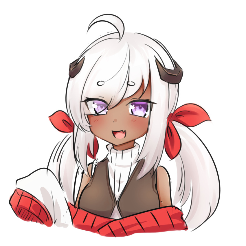 1girl, :d, ahoge, bare_shoulders, bow, dark_skin, fang, hair_bow