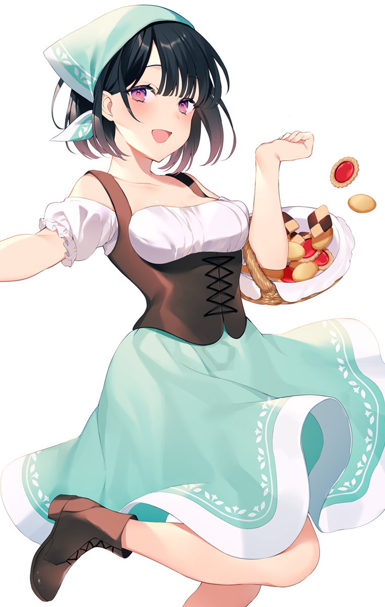 1girl, :d, achiki, bangs, bare_shoulders, basket, black_hair, blue_skirt