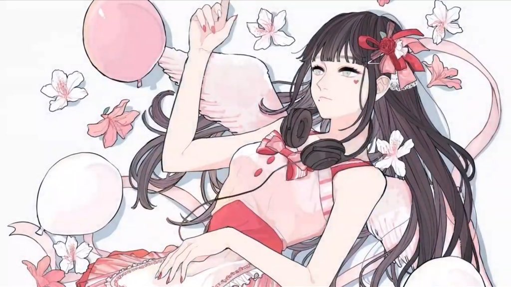 1girl, balloon, bouquet, bow, dress, flower, hair_ornament, headphones, hime_cut, kko_(um7mr), komiya_arisa, kurosawa_dia, love_live!, love_live!_sunshine!!, lying, official_art, on_back, seiyuu_connection, upper_body, white_background, wings