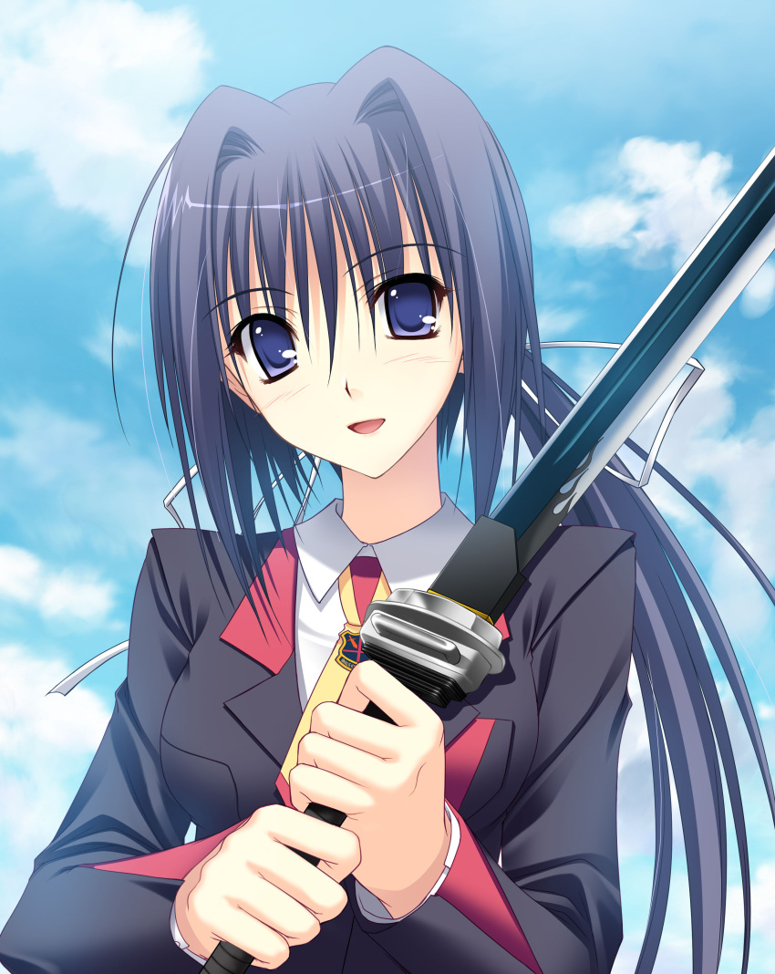 bad_id, blue_eyes, blue_hair, hair_ribbon, highres, maximum_magic, ribbon, sword