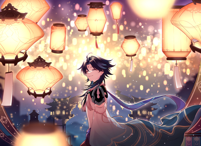 1boy, ahoge, armor, bangs, bead_necklace, beads, black_hair, blurry