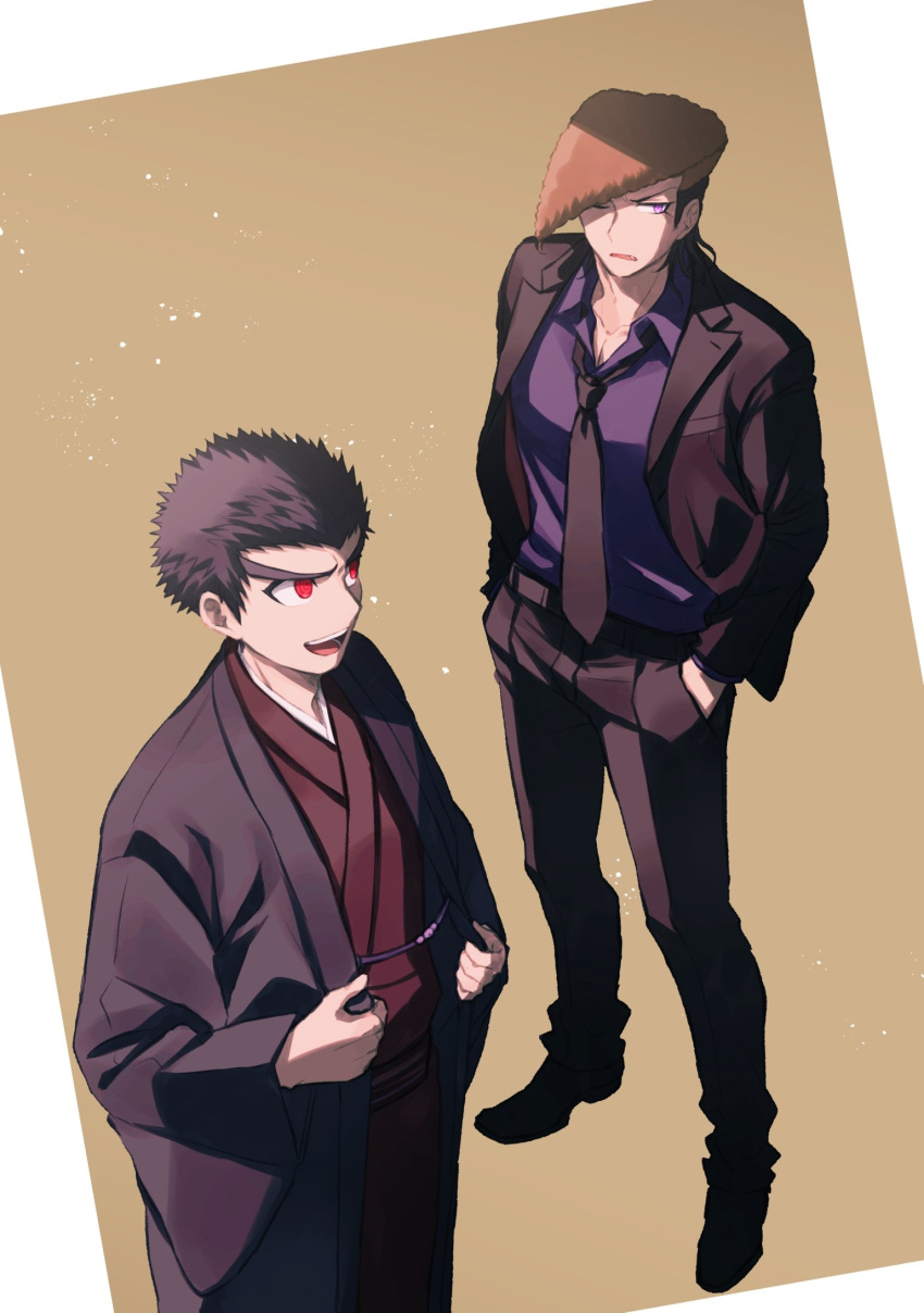 2boys, alternate_costume, bangs, black_footwear, black_hair, black_jacket, black_neckwear, black_pants