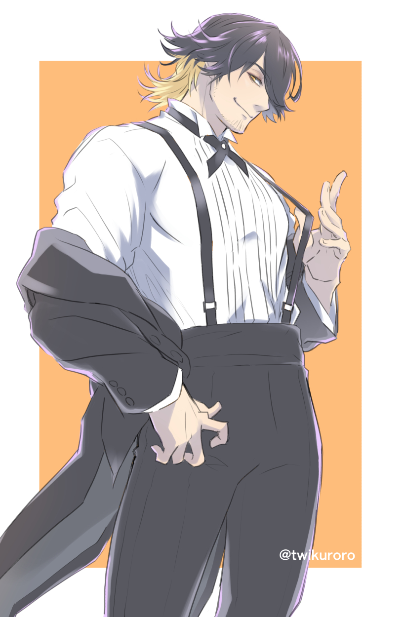 1boy, alternate_costume, applemac, black_hair, blonde_hair, facial_hair, formal, highres