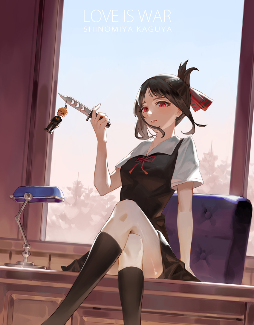 1girl, bangs, black_dress, black_hair, chair, commentary, crossed_legs, desk