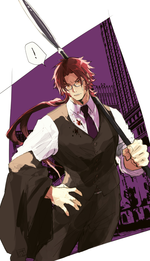 !, 1boy, black_vest, blood, bloody_clothes, feet_out_of_frame, glasses, holding, holding_spear, holding_weapon, jacket, jacket_removed, kesurido, large_pectorals, long_sideburns, male_focus, muscular, muscular_male, necktie, over_shoulder, polearm, redhead, shirt, short_hair, sideburns, solo, spear, tonbokiri, tonbokiri_(touken_ranbu), touken_ranbu, vest, weapon, weapon_over_shoulder, white_shirt, yellow_eyes