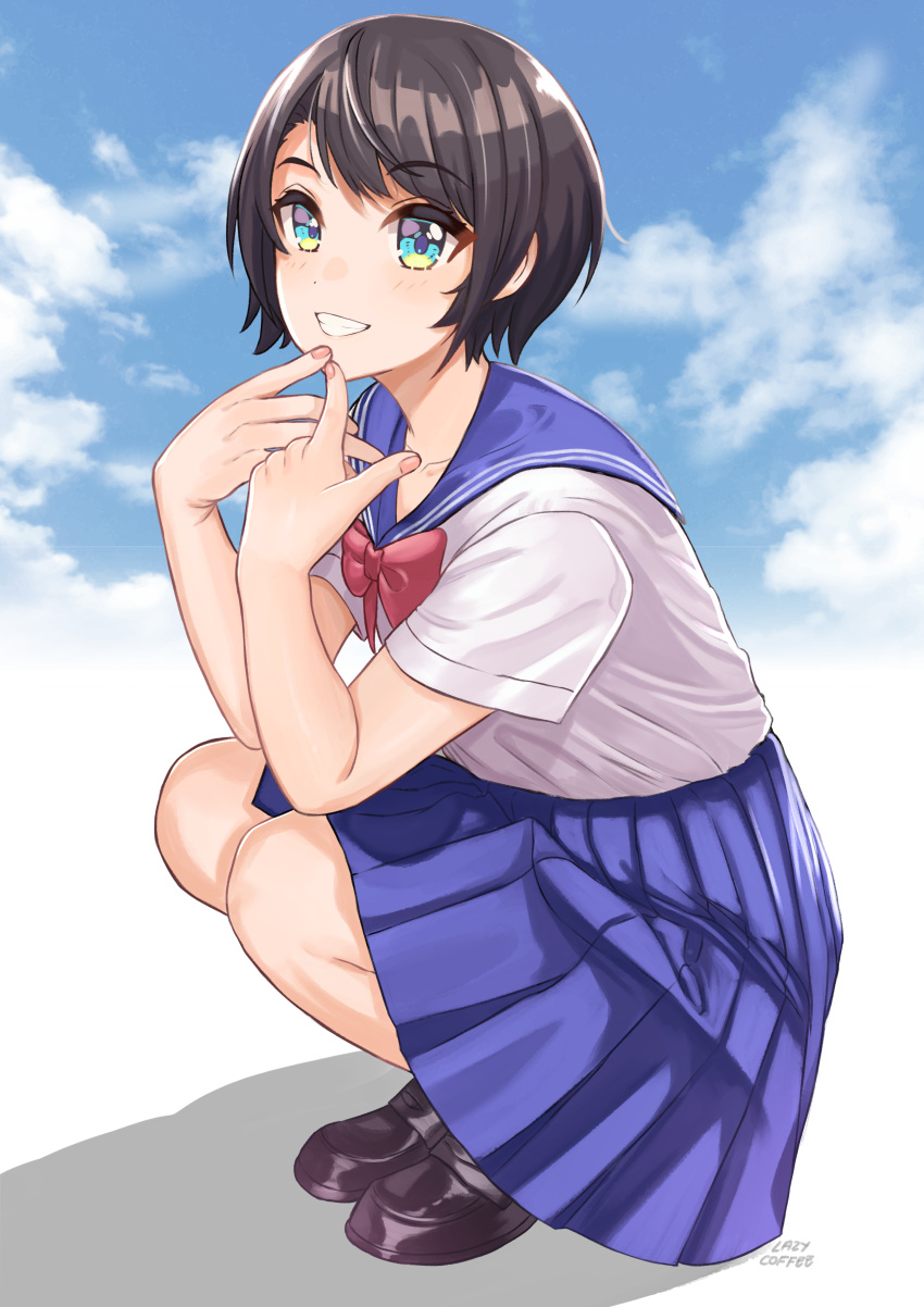 1girl, absurdres, alternate_costume, artist_name, blue_skirt, bow, collarbone, fingers_to_chin