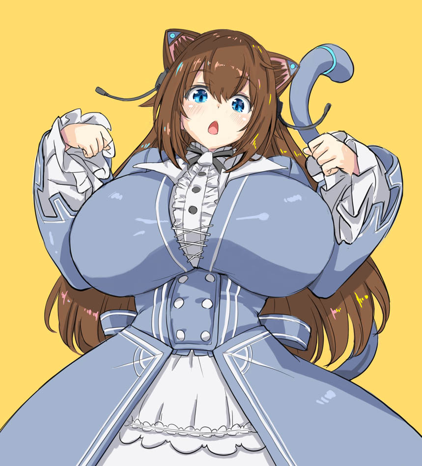 1girl, :o, animal_ears, bangs, blue_dress, blue_eyes, breasts, brown_hair, cat_ears, cat_tail, clenched_hands, cosplay, cowboy_shot, dress, eyebrows_visible_through_hair, fujisaki_yua, huge_breasts, jisedai_youtuber_yua, kiyama_satoshi, looking_down, mechanical_ears, mechanical_tail, nora_cat, nora_cat_(cosplay), nora_cat_channel, open_mouth, paw_pose, solo, tail, virtual_youtuber, yellow_background