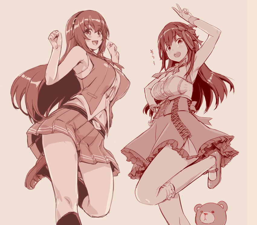 2girls, ankimo_(tokino_sora), bangs, bow, breasts, clenched_hands, cosplay, costume_switch