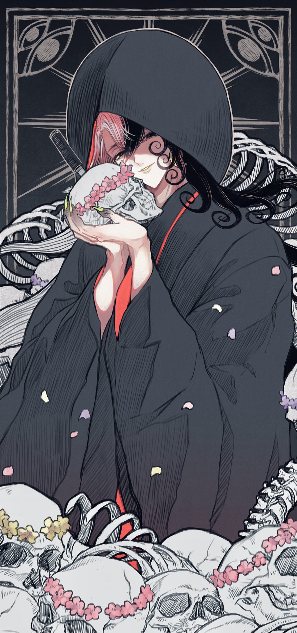 1boy, alternate_costume, androgynous, ashiya_douman_(fate), asymmetrical_hair, bell, black_border, black_eyes