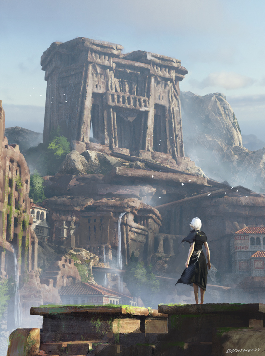 1girl, artist_name, bird, black_dress, building, clouds, dress, fantasy