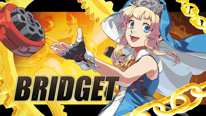 1boy, :d, blonde_hair, blue_eyes, bridget_(guilty_gear), chain, character_name, fingerless_gloves
