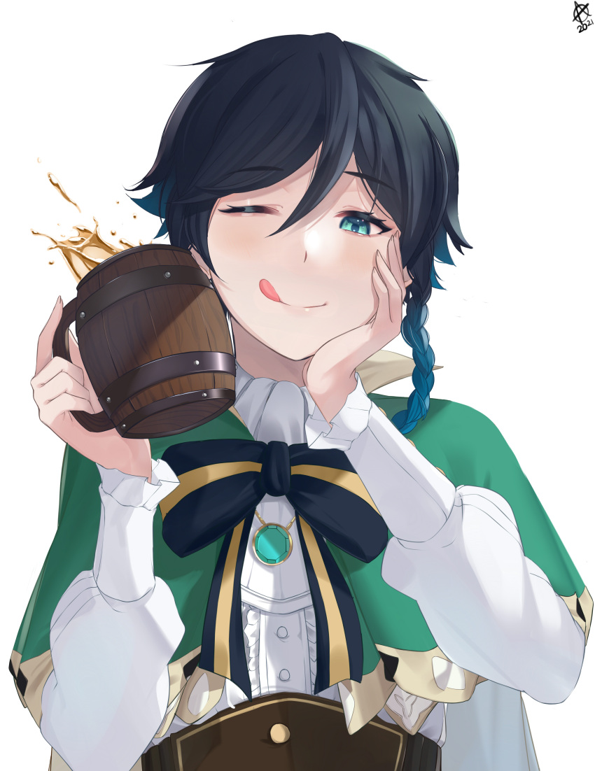 1boy, absurdres, alcohol, bangs, beer, beer_mug, blue_hair, blush