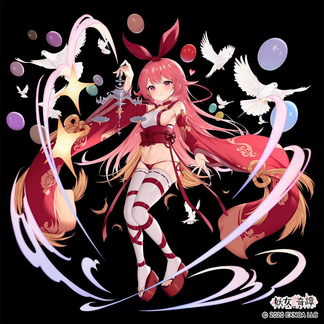 1girl, bangs, bird, black_background, breasts, copyright_request, detached_sleeves, long_hair