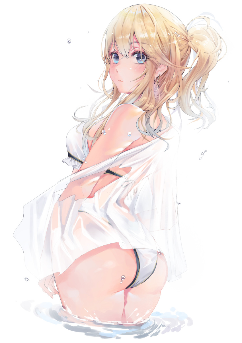 1girl, absurdres, alternate_costume, ass, backlighting, bikini, blonde_hair, blue_eyes