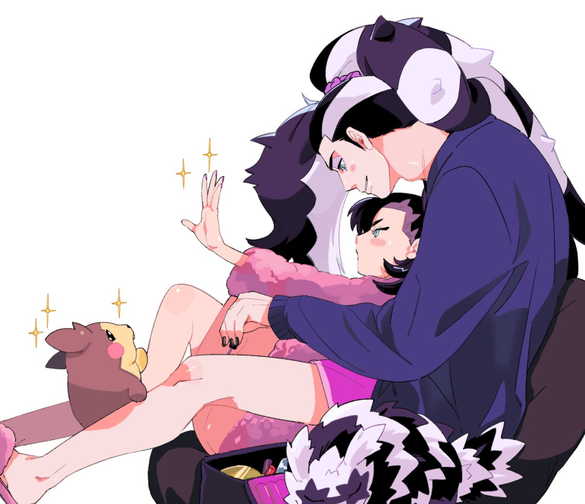 1boy, 1girl, alternate_costume, black_hair, blush_stickers, brother_and_sister, commentary_request, eyelashes