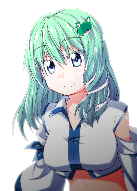1girl, bare_shoulders, blue_eyes, closed_mouth, collarbone, collared_shirt, commentary_request, cropped_shirt
