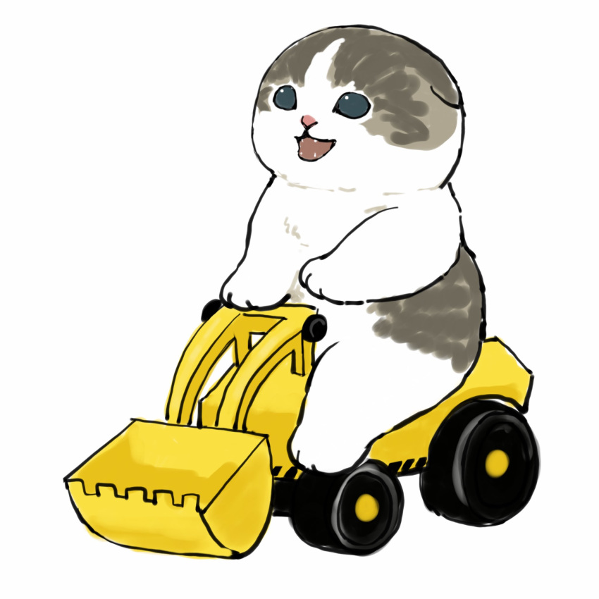 bulldozer, cat, construction, driving, fangs, happy, highres, kitten
