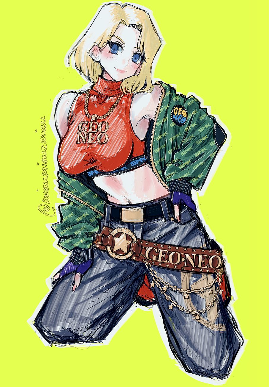 1girl, bare_shoulders, belt, black_belt, blonde_hair, blue_eyes, blue_mary, blue_pants