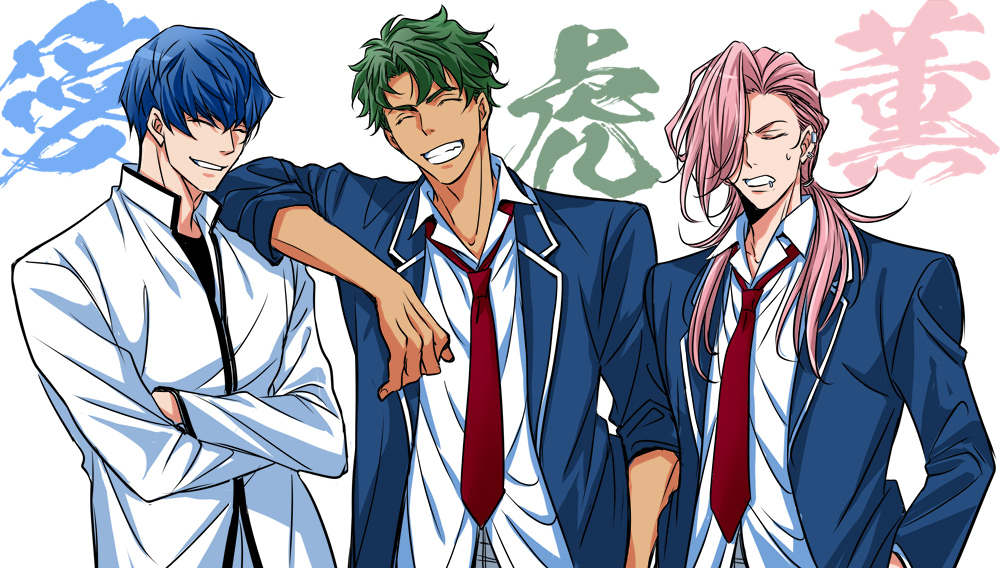 3boys, adam_(sk8), arm_at_side, blue_hair, cherry_blossom_(sk8), closed_eyes, crossed_arms, facing_viewer