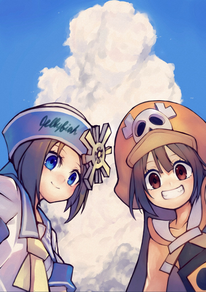 0g0nn, 2girls, april_(guilty_gear), blue_eyes, blue_sky, brown_eyes, clouds, cloudy_sky, guilty_gear, hat, highres, looking_at_viewer, may_(guilty_gear), multiple_girls, orange_headwear, sailor_hat, sky, smile