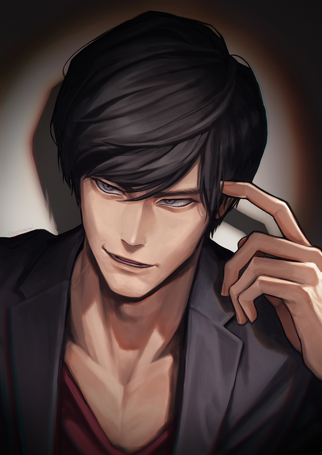 1boy, black_hair, dan_kuroto, finger_to_head, fingernails, formal, grey_eyes, highres