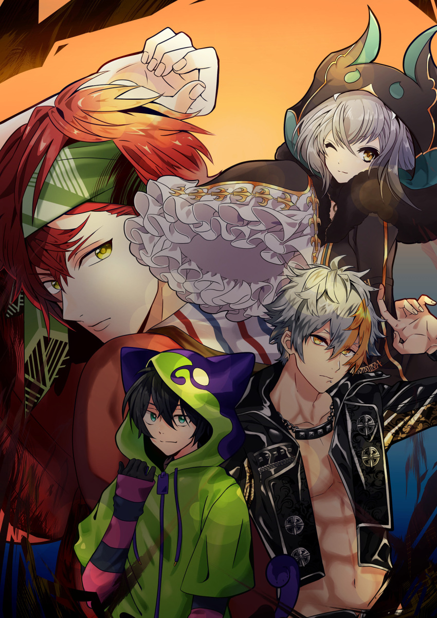 4boys, abs, animal_hood, arm_up, black_gloves, black_hair, black_headwear, black_jacket, blackstar_-theater_starless-, blue_eyes, brown_eyes, cat_hood, character_request, collar, elpam910, gloves, green_headband, grey_hair, hair_between_eyes, headband, highres, hood, hoodie, jacket, leather, leather_jacket, long_sleeves, looking_at_viewer, madarao_tatsumi, miya_(sk8), mizuki_(blackstar), multicolored_hair, multiple_boys, navel, one_eye_closed, sk8_the_infinity, streaked_hair, striped_sleeves, studded_collar, yellow_eyes, zipper