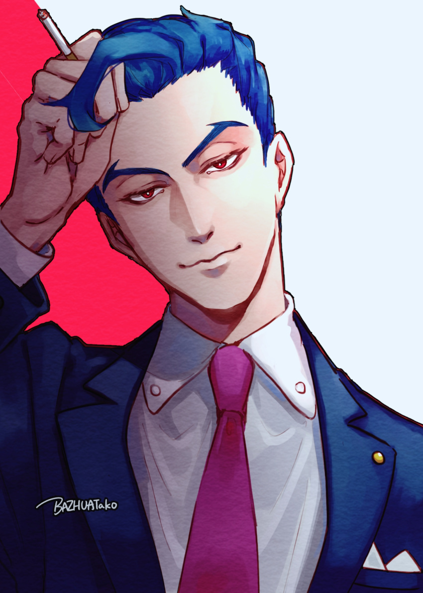 1boy, adam_(sk8), arm_up, artist_name, bazhuatako, blue_hair, blue_suit, cigarette