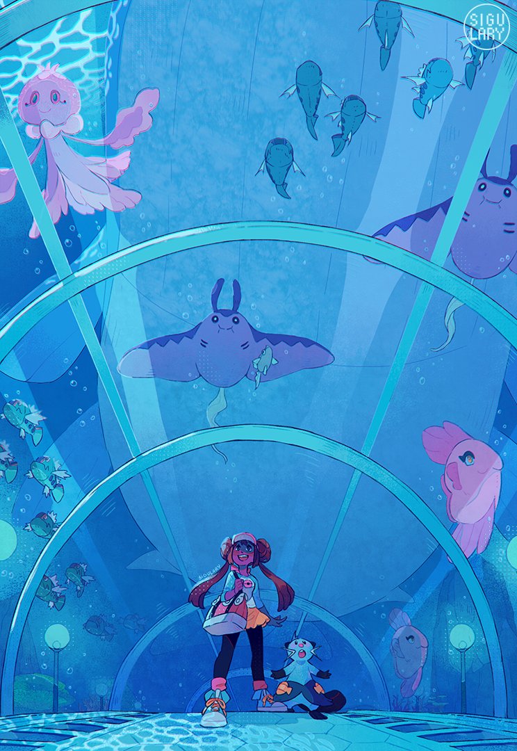 1girl, air_bubble, alomomola, aquarium_tunnel, bag, basculin, basculin_(blue), basculin_(red), black_legwear, brown_hair, bubble, commentary, dewott, double_bun, english_commentary, frillish, frillish_(female), from_below, gen_2_pokemon, gen_3_pokemon, gen_5_pokemon, legwear_under_shorts, long_hair, looking_up, mantine, open_mouth, pantyhose, pokemon, pokemon_(creature), pokemon_(game), pokemon_bw2, remoraid, rosa_(pokemon), shirt, shoes, shorts, sigulary, smile, sneakers, standing, teeth, twintails, visor_cap, wailord, yellow_shorts