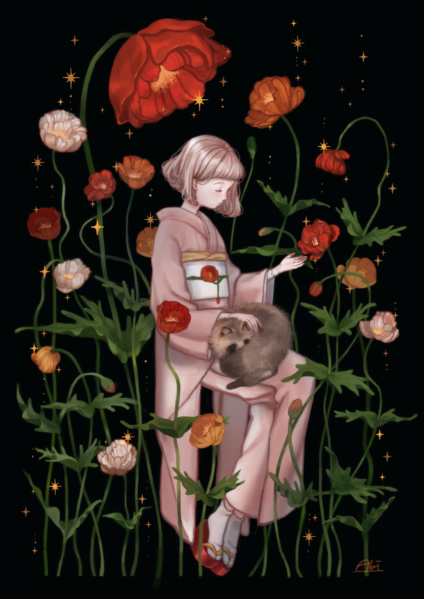 1girl, absurdres, aki_a0623, animal, bangs, black_background, blonde_hair, flower