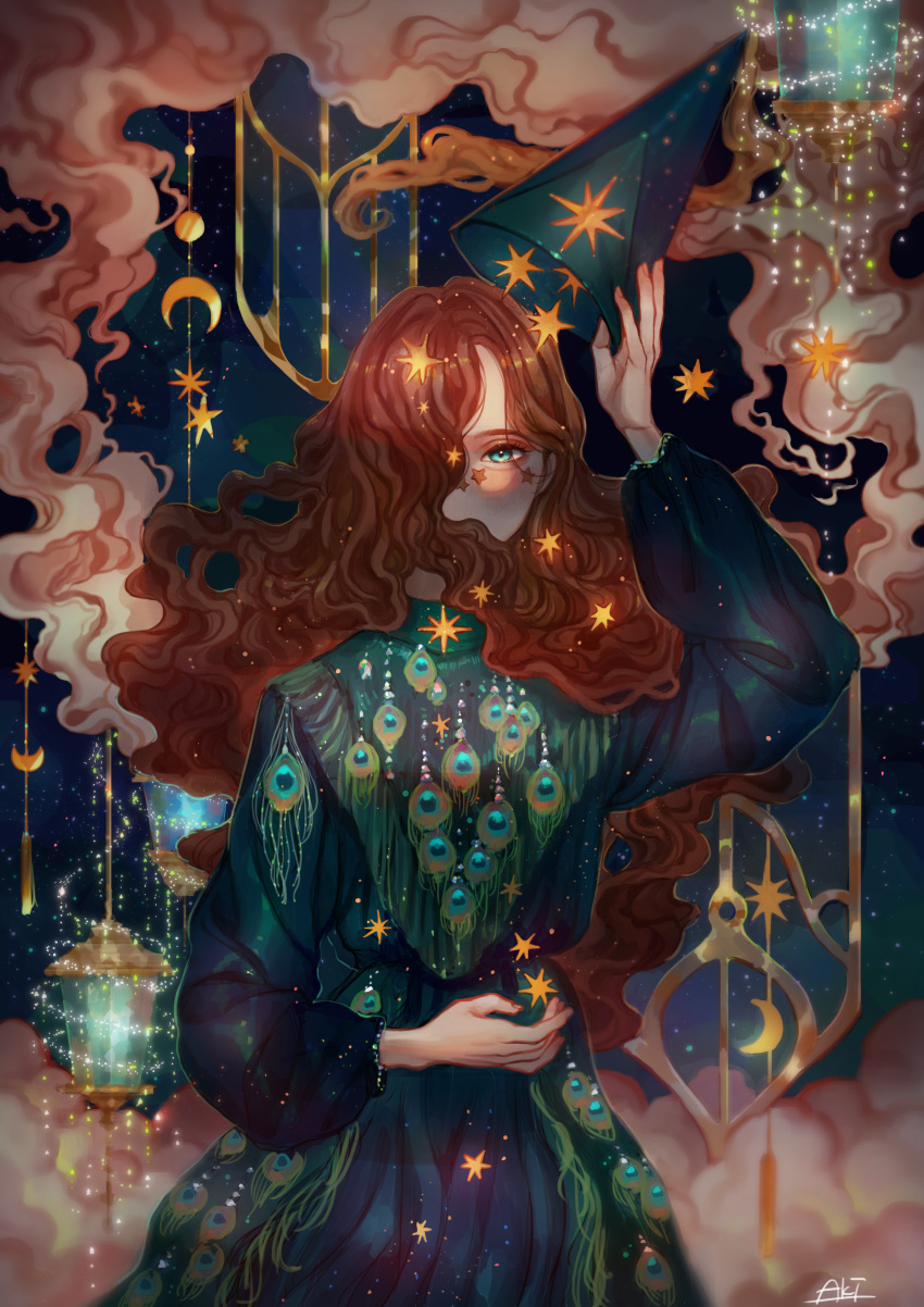 1girl, absurdres, aki_a0623, blue_eyes, clouds, crescent_moon, feathers, highres