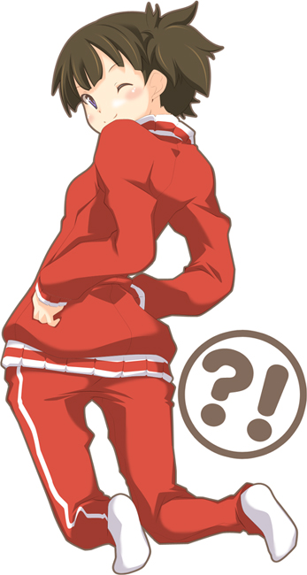bad_id, beniho_sakura, brown_eyes, brown_hair, extra, from_behind, hirasawa_ui, k-on!, looking_back, ponytail, short_hair, solo, suzuki_jun, track_suit, wink