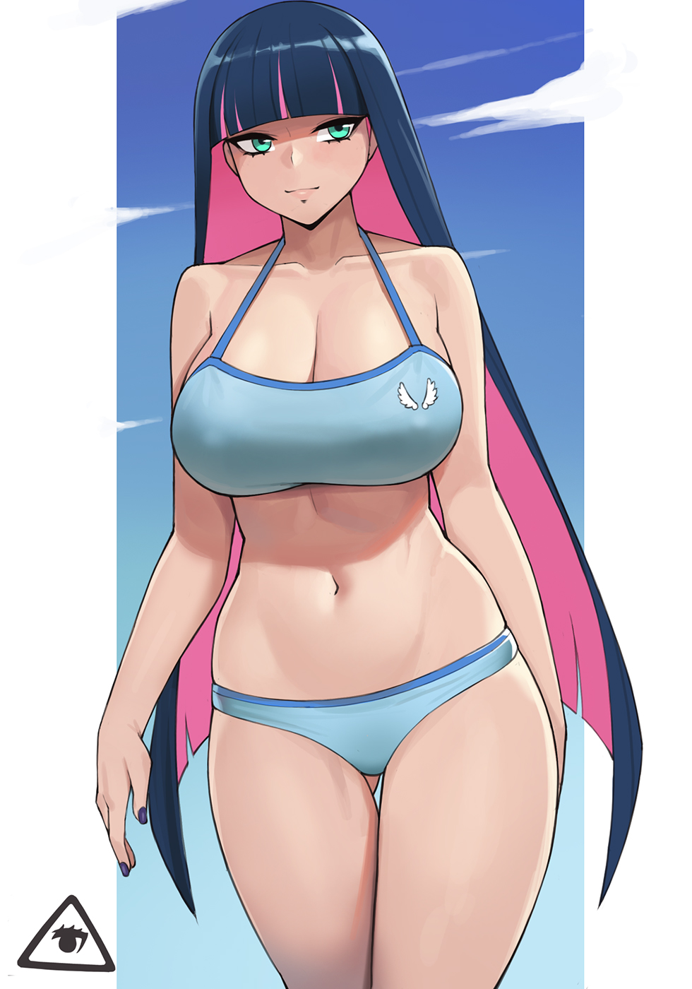 1girl, arm_behind_back, ass_visible_through_thighs, bare_shoulders, blue_sky, blue_sports_bra, breasts, closed_mouth