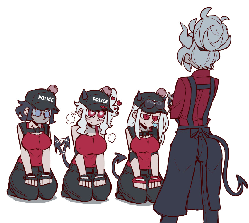 4girls, absurdres, alternate_costume, alternate_hairstyle, apron, azazel_(helltaker), black_gloves, black_hair