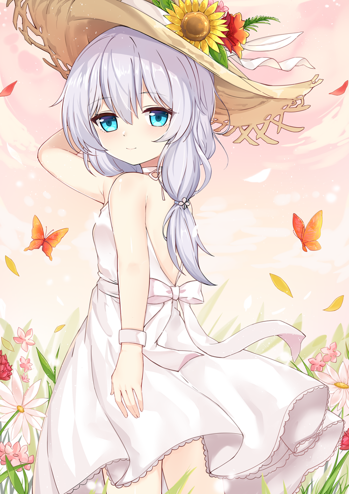 1girl, arm_up, back_bow, beige_headwear, blue_eyes, bow, breasts, bug