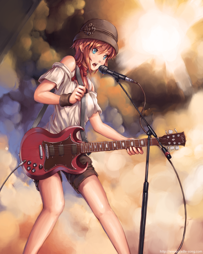 blush, brown_hair, cirilla_amesi, cradle-song, doomfest, guitar, hat, instrument