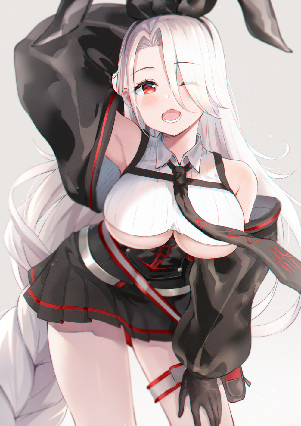 1girl, anchor_symbol, animal_ears, armpits, azur_lane, bangs, bare_shoulders, black_skirt
