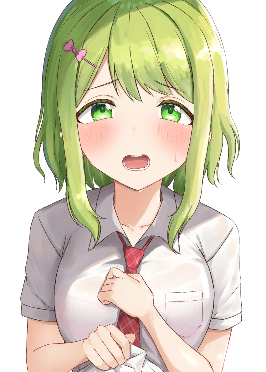 1girl, absurdres, bangs, blush, bow, bra, bra_through_clothes, breasts