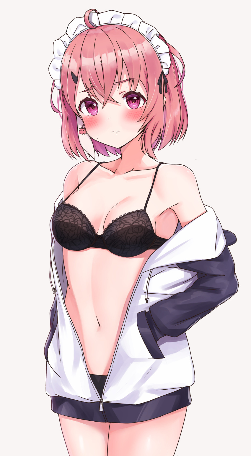 1girl, absurdres, ahoge, bangs, bare_shoulders, black_bra, black_panties, blush