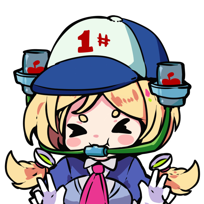 1girl, absurdres, aki_rosenthal, apple, bangs, beer_can, beer_hat, blonde_hair