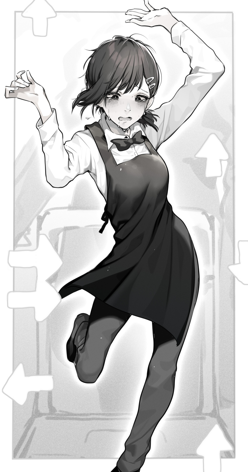 1girl, absurdres, apron, arms_up, arrow_(symbol), bangs, black_hair, black_neckwear