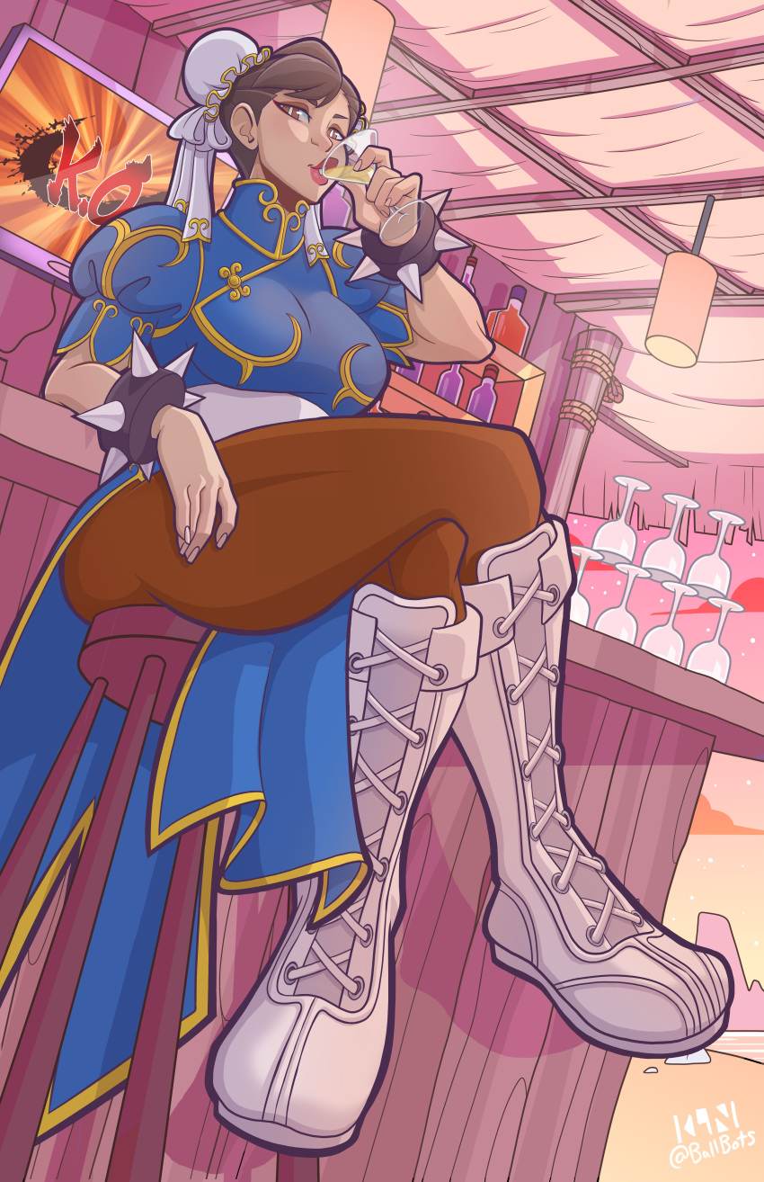 1girl, absurdres, ass, bar, blue_dress, boots, bottle, bracelet