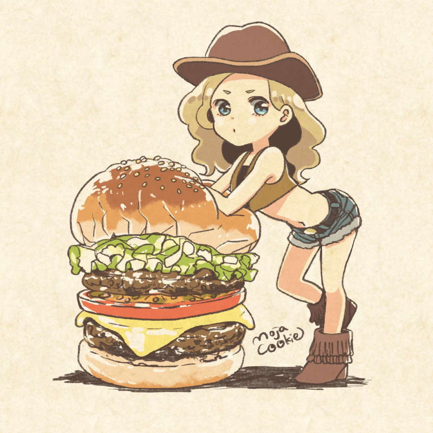 1girl, aqua_eyes, belt, blonde_hair, blue_shorts, boots, brown_footwear, cheese