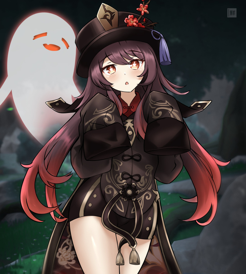 1girl, :o, absurdres, black_headwear, black_shirt, black_shorts, brown_hair, chinese_clothes