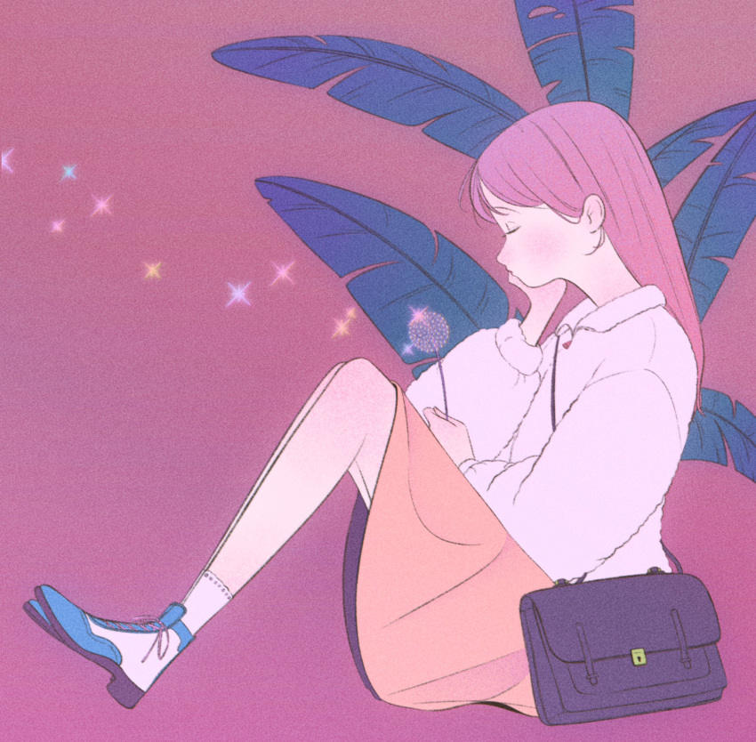 1girl, bag, black_bag, blush, closed_eyes, collared_shirt, dandelion, flower, full_body, highres, knees_up, leaf, long_hair, long_sleeves, orange_skirt, original, plant, profile, puffy_long_sleeves, puffy_sleeves, purple_background, purple_hair, rasukusekai, shirt, shoes, shoulder_bag, simple_background, skirt, socks, solo, white_shirt