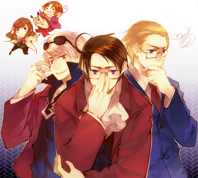 4boys, adjusting_glasses, ahoge, alternate_costume, arm_up, austria_(hetalia), axis_powers_hetalia, ayasato_mayoi