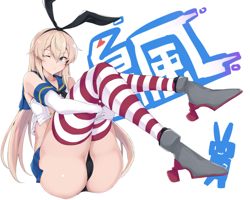 1girl, black_hairband, black_neckwear, black_panties, blonde_hair, blue_sailor_collar, character_name, crop_top