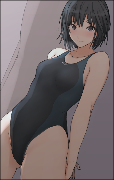 1girl, amagami, arms_behind_back, ass_visible_through_thighs, black_hair, blush, breasts, brown-eared_bulbul, competition_swimsuit, dutch_angle, looking_at_viewer, mobu, nanasaki_ai, one-piece_swimsuit, small_breasts, smile, solo, swimsuit, thighs