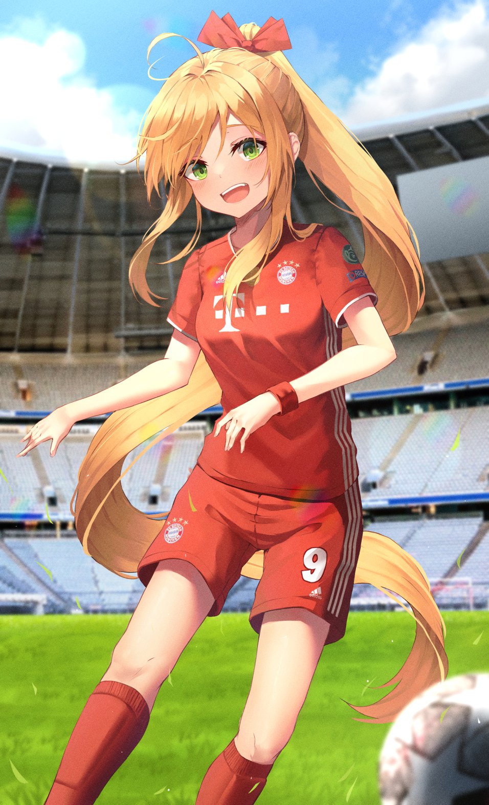 1girl, :d, ball, blonde_hair, blue_sky, blush, bow, clouds